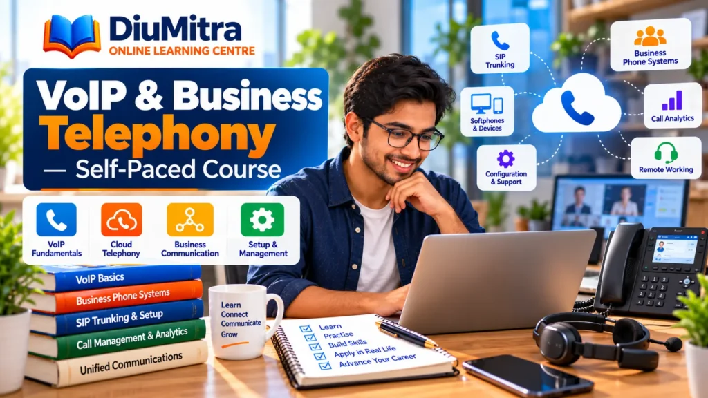 Learner studying VoIP and cloud telephony beside a business desk phone, headset and laptop.