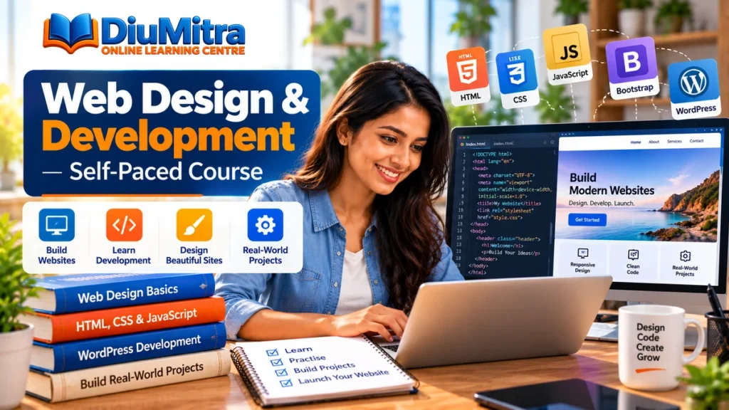 Learner working on web design with a code editor and website preview displayed on a screen.