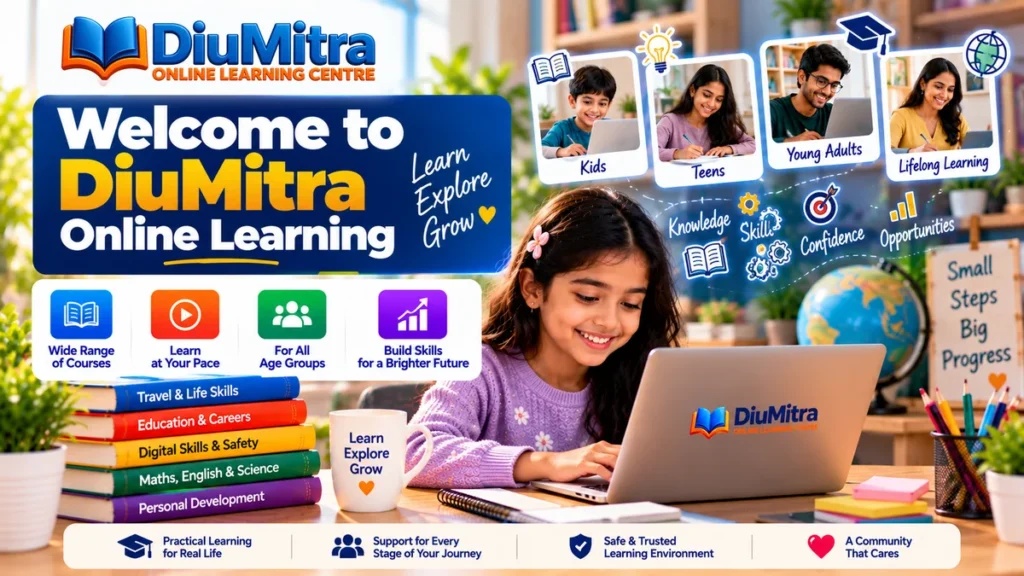 DiuMitra Online Learning Centre welcome banner showing children, teens and adults learning online.
